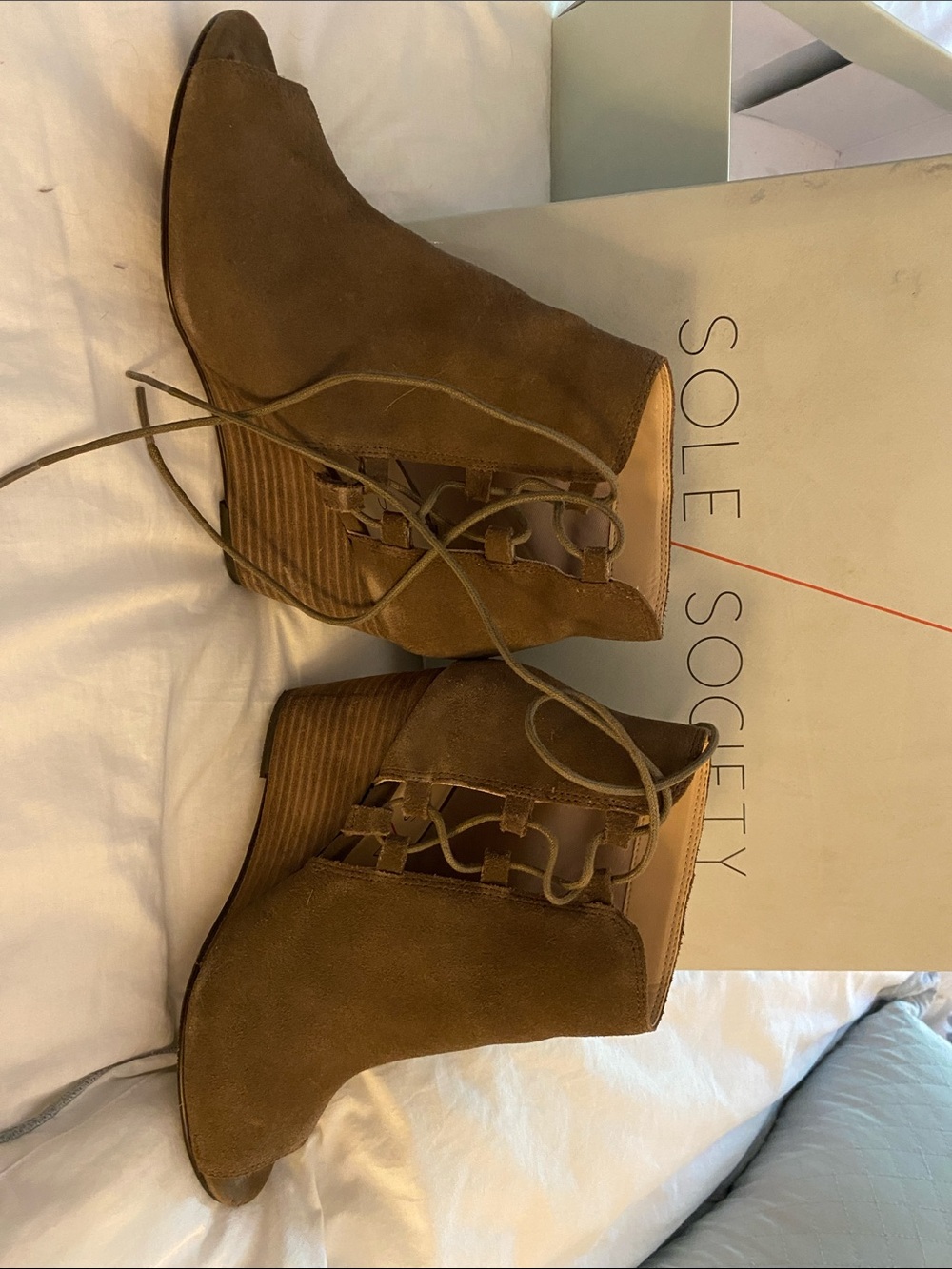 Sole Society Tan Suede Lace-Up Wedge Booties